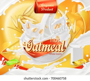 Oatmeal. Oat grains and milk splashes. 3d realistic vector, package design