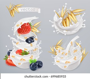 Oatmeal. Oat grains, strawberry, blueberry and milk splashes. 3d realistic vector icon set.