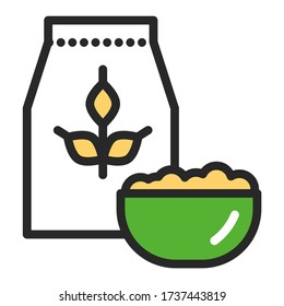 Oatmeal package and bowl of porridge color line icon. Healthy, organic food. Proper nutrition. Isolated vector element. Outline pictogram for web page, mobile app, promo.