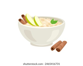 Gachas de avena con manzana y canela en un tazón. Ilustración plana de dibujos animados de Vector de comida saludable.