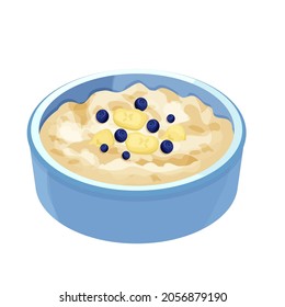 Oatmeal porridge with banana and blueberry in bowl, plate in cartoon style isolated on white background. Muesli, healthy breakfast. 
