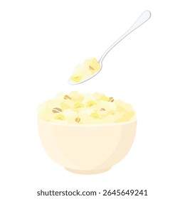 Mingau de aveia com banana em tigela de cerâmica e colher com mingau de farinha de milho isolado em fundo branco. Comida deliciosa e saudável para o café da manhã. Vetor