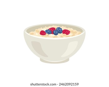 Oatmeal porridge with berries in bowl isolated on white background. Vector cartoon flat illustration of healthy food.