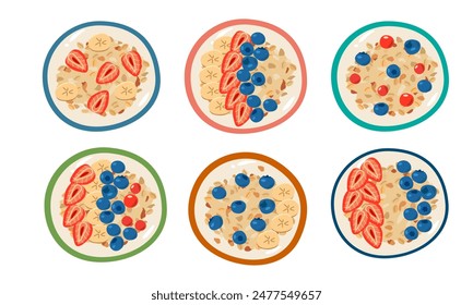 Oatmeal porridge with berries and milk icon set vector. Bowl of oatmeal with fruits illustration. Healthy cereal breakfast icons on a white background. Oat flakes breakfast design element collection