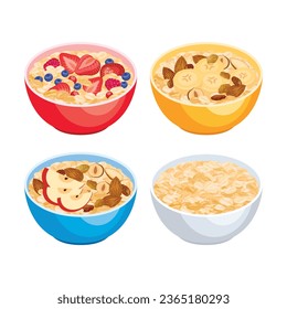 Oatmeal porridge with berries and nuts icon set vector. Bowl of oatmeal with fruits illustration. Healthy cereal breakfast icons on a white background. Oat flakes breakfast design element collection