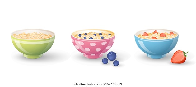 Oatmeal porridge with berries. Plates of oats boiled porridge and healthy food. Set of breakfast with oat flakes, blueberry, strawberry in colorful bowls. Oatmeal with milk, yogurt. Flat design vector