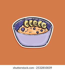 aveia mingau de aveia com mirtilo e banana em tigela de cerâmica roxa. Comida deliciosa e saudável para café da manhã vetor ilustração design adesivo estilo isolado em um fundo laranja