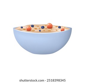 Oatmeal porridge with blueberry, strawberry in bowl plate 3D style illustration. Vector cartoon 3D illustration of healthy food. Healthy oatmeal breakfast food