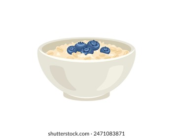 Oatmeal porridge with blueberry in white bowl. Vector cartoon flat illustration of healthy food.