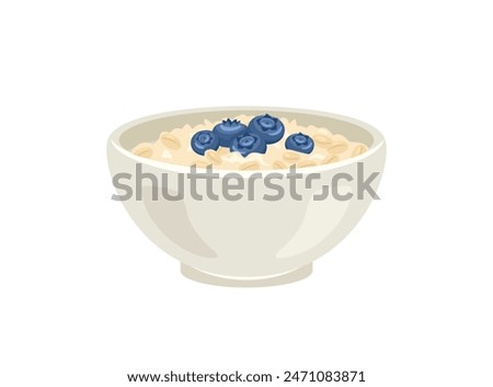 Oatmeal porridge with blueberry in white bowl. Vector cartoon flat illustration of healthy food.