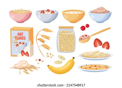 Oatmeal porridge for breakfast cartoon illustration set. Oat flakes in box, bowl of porridge with banana, pear and strawberry, jar of granola. Food, grain, healthy lifestyle, nourishment concept