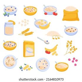 Gachas de avena para el juego de dibujos animados para el desayuno. Tartas de avena en caja, tazón de avena con plátano, bayas y fresa, frasco de granola. Comida, grano, concepto de nutrición. Ilustración del vector