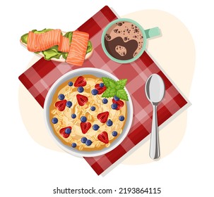 Oatmeal porridge breakfast, sandwich with salty salmon, trout and avocado on bread. Dinner meal, diet healthy lunch with cocoa. Restaurant plate served napkin, spoon. Isolated flat vector