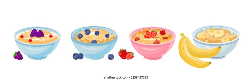 Leche de avena para el desayuno. Conjunto de cuencas saludables con cereales, tortas de maíz y raciones de frutas aisladas en fondo blanco. Ilustración vectorial de dibujos animados planos