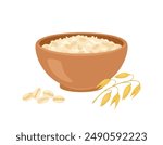 Oatmeal porridge in brown bowl, ear and oat flake. Vector cartoon flat illustration of healthy food.