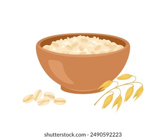 Oatmeal porridge in brown bowl, ear and oat flake. Vector cartoon flat illustration of healthy food.