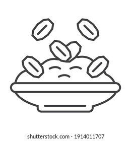 Oatmeal porridge icon in outline style. Porridge in pot, plate symbol. Oatmeal cereal coocking and fast breakfast are shown.