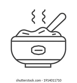 Oatmeal porridge icon in outline style. Porridge in pot, plate symbol. Oatmeal cereal coocking and fast breakfast are shown.