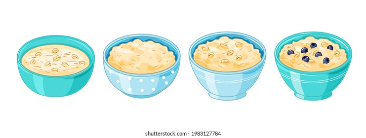 Gachas de avena de avena. Platos de avena hervida y alimentos saludables. Vector cocinando cuenco de semillas de avena sobre fondo blanco.