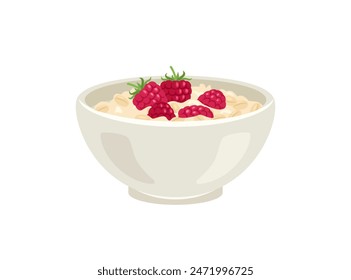 Oatmeal porridge with raspberry in white bowl. Vector cartoon flat illustration of healthy breakfast.