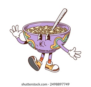 Oatmeal porridge retro groovy cartoon character. Isolated vector funky bowl personage with a cute, smiling face, , spoon and stylish sneakers, waving it hand and whistling in excitement emotion