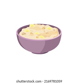 Oatmeal porridge or rice with banana in ceramic bowl. Delicious and healthy food for breakfast