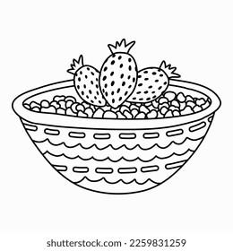 Oatmeal porridge or rice with strawberry in cute decorated ceramic bowl. Traditional English breakfast with seasonal fruit. Vegetarian and vegan food. Doodle in trendy naive style. Healthy eating