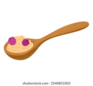 Aveia mingau em colher. Ícone saudável do café da manhã de cereais. Flocos de aveia lanche, deliciosa nutrição saborosa, lanche. Ilustração de vetor de desenhos animados isolada no fundo branco. 