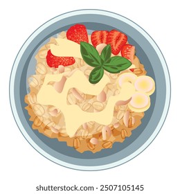 Oatmeal porridge with strawberries, banana slices, peanut butter and basil leaves served in a bowl, top view