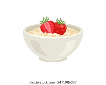 Oatmeal porridge with strawberry in bowl isolated on white background. Vector cartoon flat illustration of healthy breakfast.