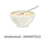 Oatmeal porridge in white bowl with spoon. Vector cartoon flat illustration of healthy food.