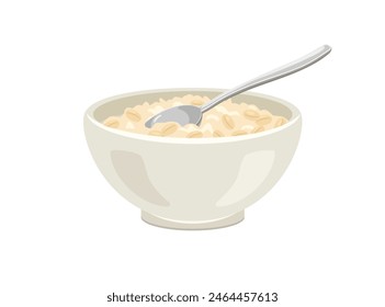 Oatmeal porridge in white bowl with spoon. Vector cartoon flat illustration of healthy food.