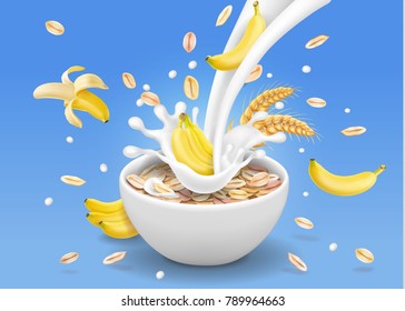 Oatmeal with pouring milk Oats and banana with spikelets of cereals. Vector illustration