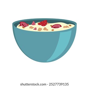 Oatmeal with raspberries and strawberries in bowl isolated on white background. Oatmeal cereal flakes, nuts and berries. Vector illustration of natural breakfast cereal in flat style.
