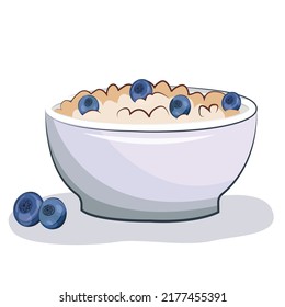 oatmeal or rice porridge in a plate with blueberries. good morning, diet dish breakfast. vector flat stock illustration isolated on white