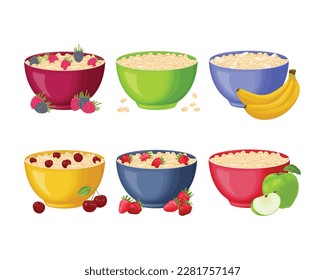 Comida de avena. Colección de tazas de avena de avena con diversas frutas. Gachas de fruta con plátano, cereza, fresa, manzana y frambuesa. Vector clásico de avena de avena