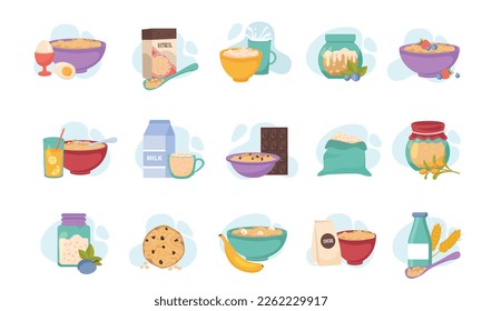 Oatmeal set of isolated compositions with food product icons served dishes and ingredients on blank background vector illustration