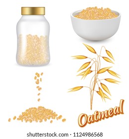 Oatmeal set. Vector realistic illustration of oat flakes glass jar, bowl of oatmeal, rolled oats and oat ear isolated on white background.