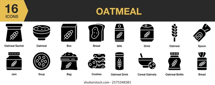 Oatmeal solid icon set. Includes Oatmeal, Food, Cooking, Ingredient, Cereal, Grain, and More. Solid icons vector collection.