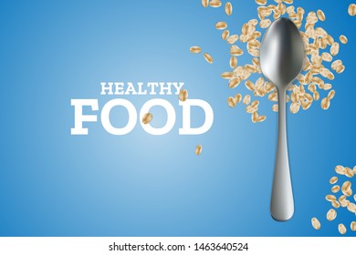 Oatmeal with Spoon on blue background. Healthy eating concept, organic food, sports nutrition. Healthy lifestyle. 3d realistic transparent isolated template, edible handmade mesh. Vector eps10