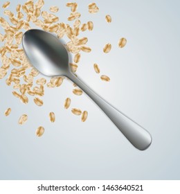 Oatmeal with Spoon on table, top view. Healthy eating concept, organic food, sports nutrition. Healthy lifestyle. 3d realistic transparent isolated template, edible handmade mesh. Vector eps10