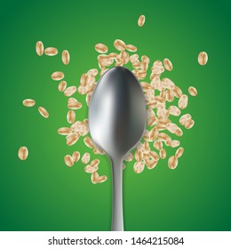 Oatmeal with Spoon, top view on green background. Healthy eating concept, organic food, sports nutrition. Healthy lifestyle. 3d realistic transparent isolated template, edible handmade mesh. Vector ep