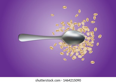 Oatmeal with Spoon, top view on purple (violet) background. Healthy eating concept, organic food, sports nutrition. Healthy lifestyle. 3d realistic transparent isolated template, edible handmade mesh.