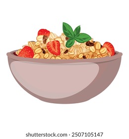 Oatmeal with strawberries, raisins, and basil served in a bowl, making for a healthy and delicious breakfast