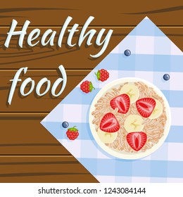 Oatmeal Strawberry Banana Healthy Food Flatlay Fruits Plate Wooden Background Design Flat Vector Illustration