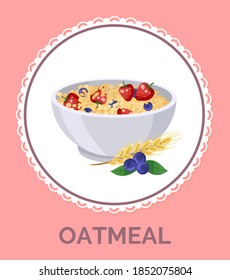 Oatmeal with strawberry in white plate, illustration for design menus, recipes and packing. Healthy breakfast granola, muesli, cereal with nuts and fruits in the deep bowl with spikelet and blueberry