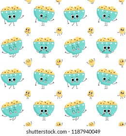 Oatmeal, vector seamless pattern with cute cartoon vegan protein characters - bowl of oatmeal and oat grain - isolated on white