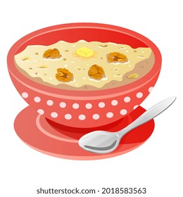Oatmeal with walnuts and butter in red bowl with spoon. Vector icon isolated on white background