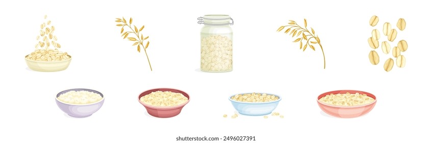 Oatmeal as Whole-grain Food and Cereal Vector Set
