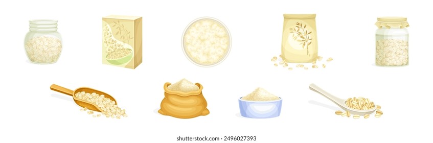 Oatmeal as Whole-grain Food and Cereal Vector Set